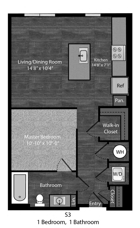 Floor plan for studio, 1 bath, 635 sqft